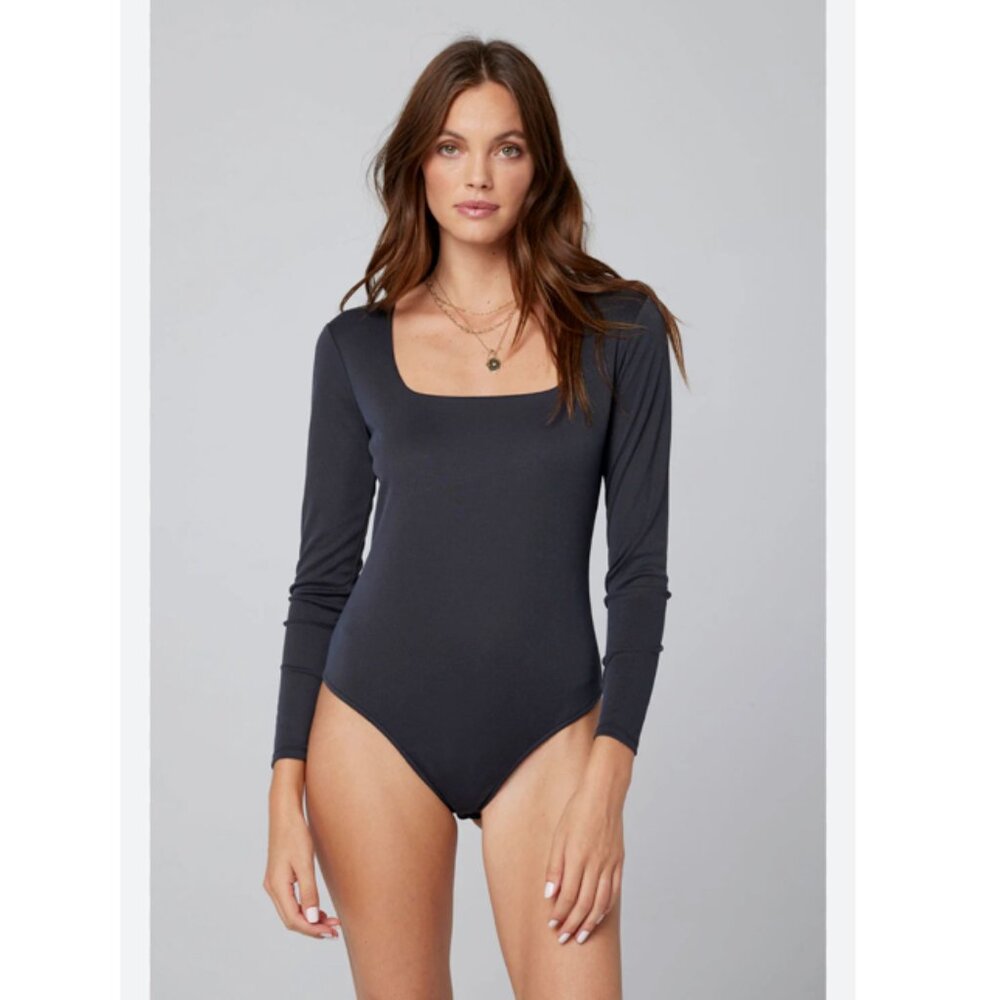 Square Neck Long-sleeve Black Bodysuit 1X